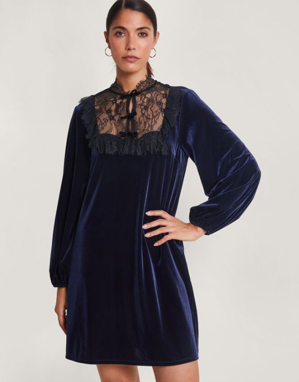 Monsoon Bess Velvet Lace Dress Blue - Image 4