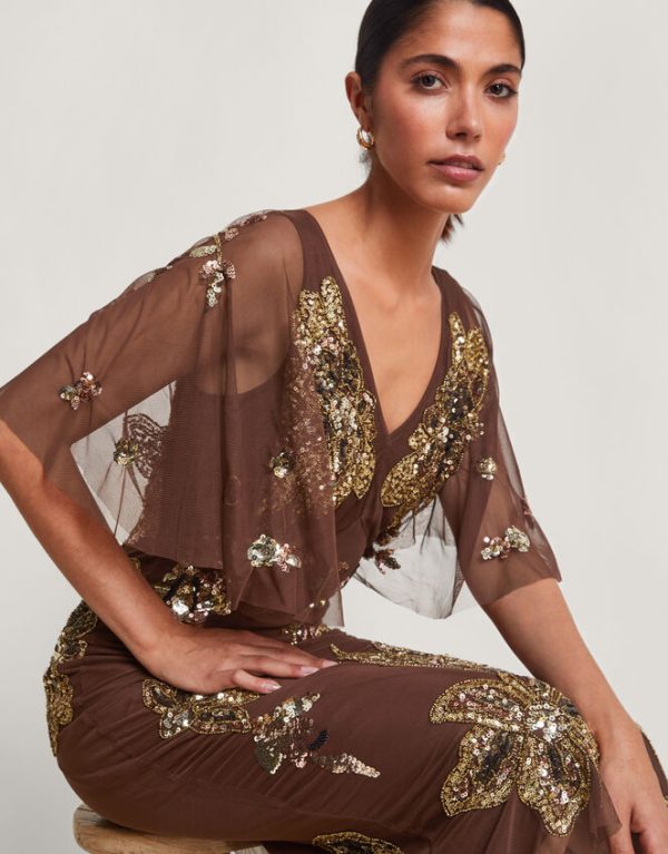 Monsoon Fia Floral Embellished Dress Brown - Image 5