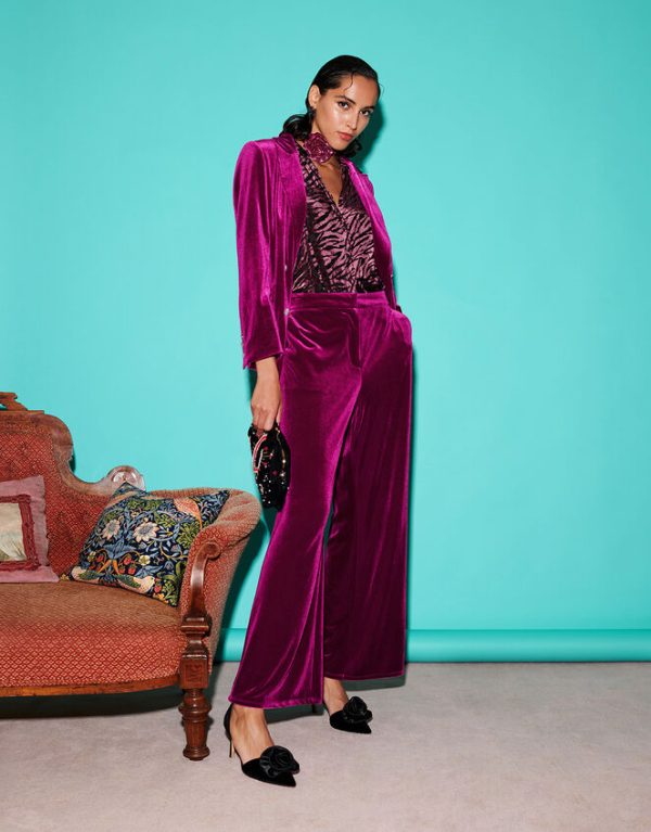 Monsoon Edith Velvet Wide Leg Trousers Pink