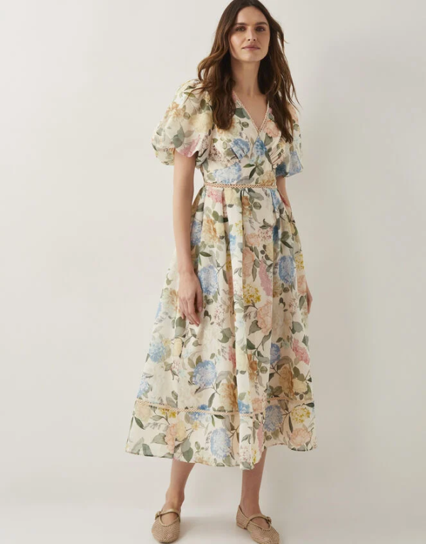 Monsoon Agnes floral puff sleeve midi dress pink